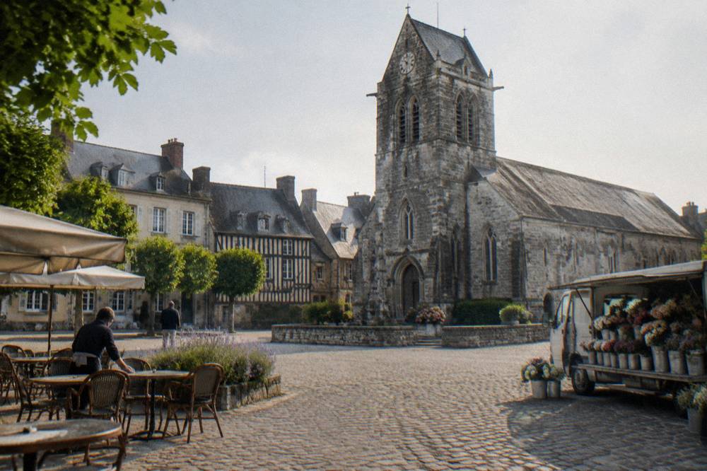 Church square in a Normandy market town with medieval timbered buildings