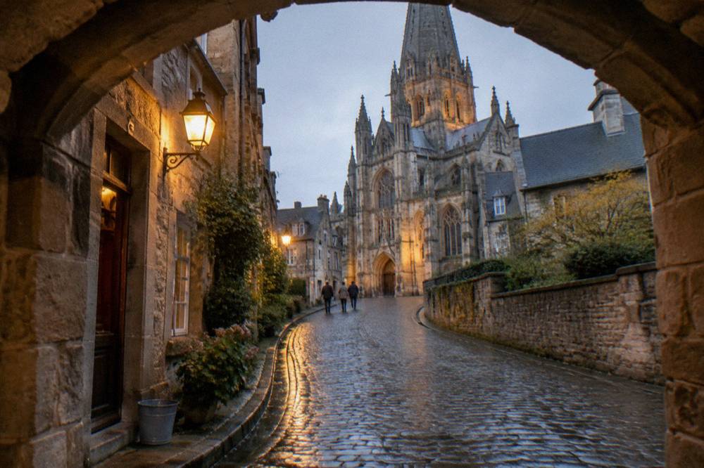 The medieval street of Mont-Saint-Michel curving up toward the abbey entrance