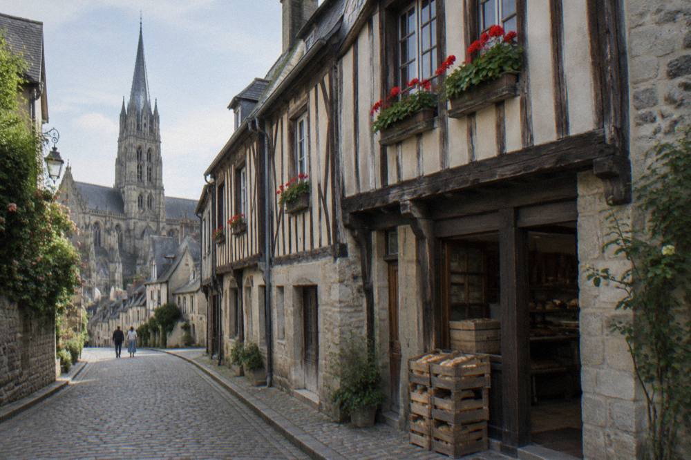 Timber-framed houses along a stone street in central Bayeux