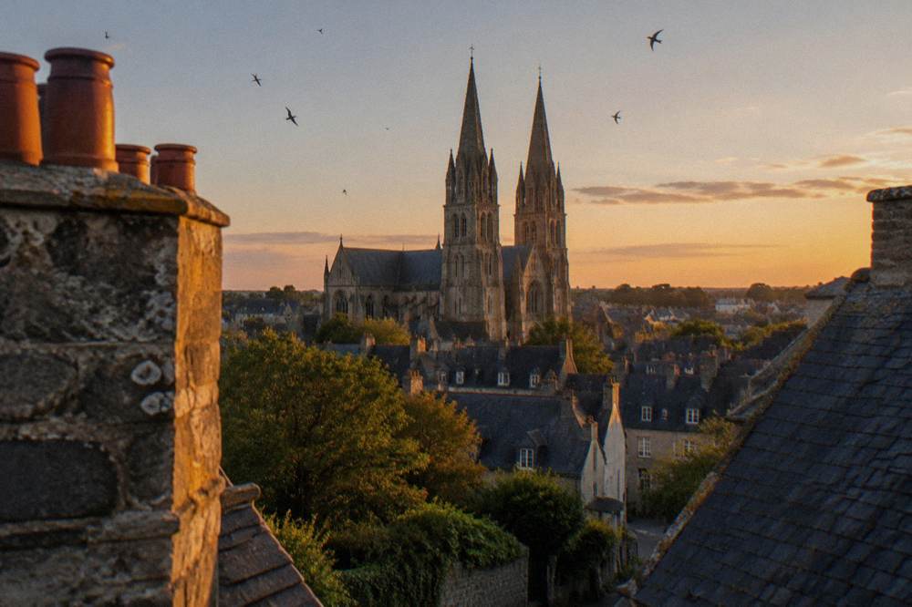 Twin towers of Bayeux Cathedral rising over slate roofs and chimneys