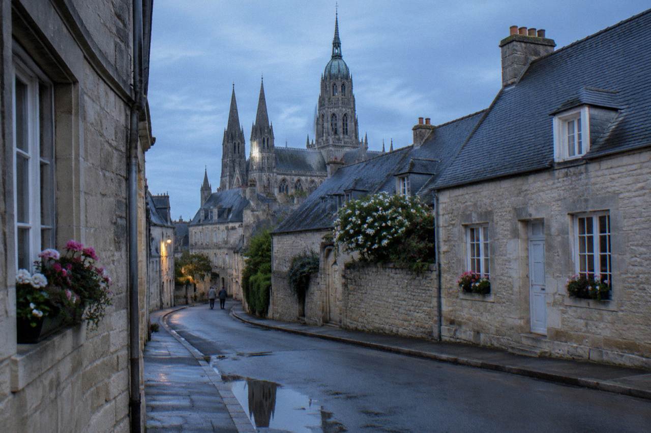 Stone houses and the cathedral tower rising over a quiet street in Bayeux
