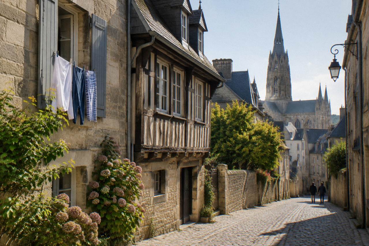 Timber-framed houses along a stone street in a Norman town center