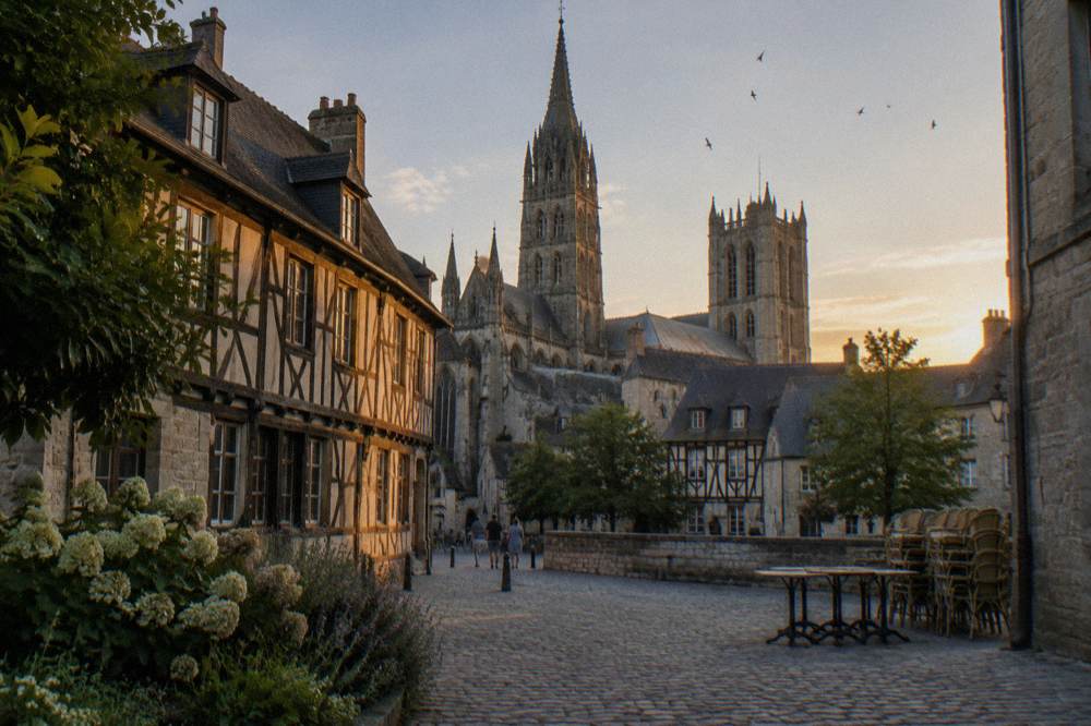 Half-timbered houses on a cobbled square in Bayeux with the cathedral behind