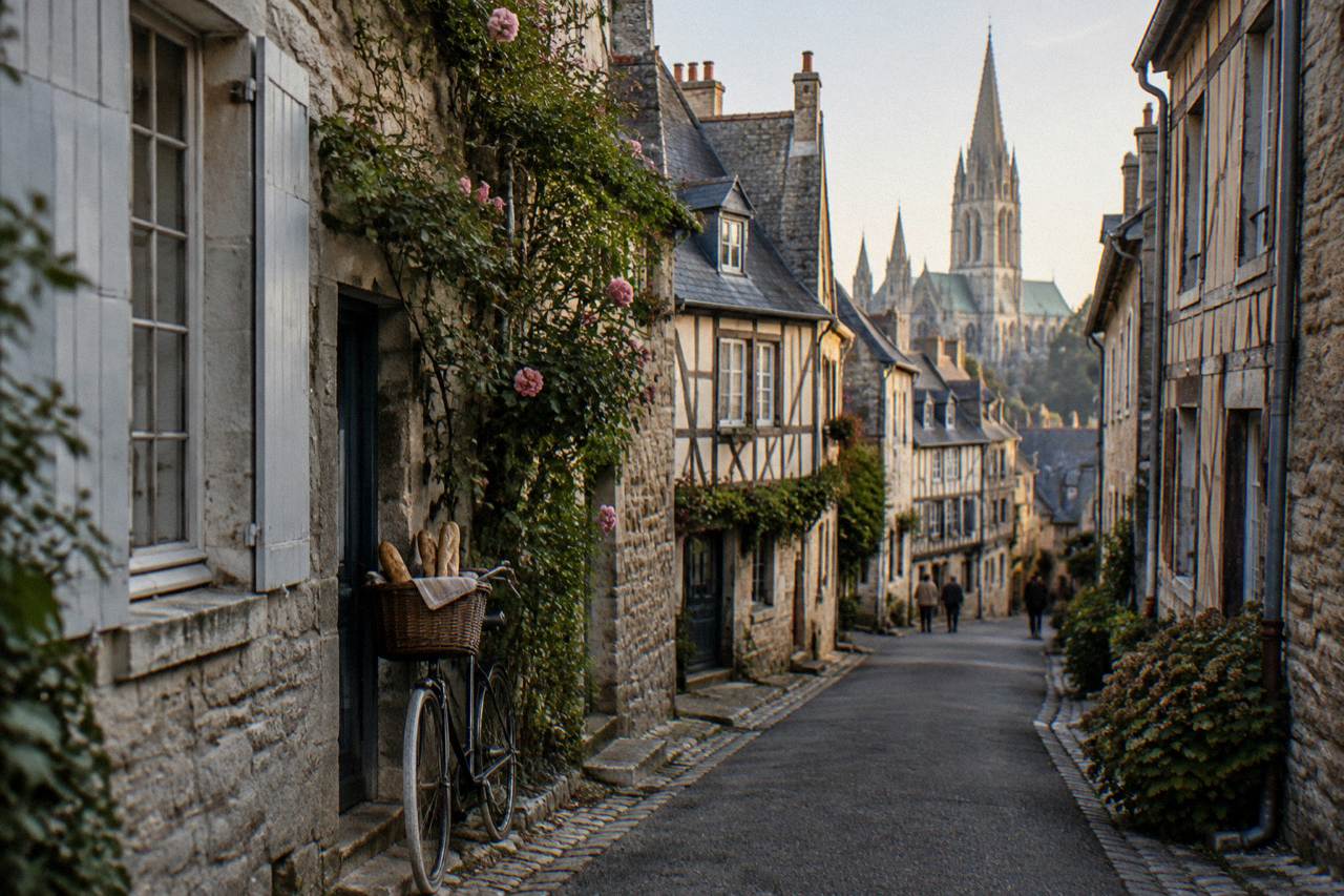 Half-timbered houses along a narrow stone street in a Normandy town