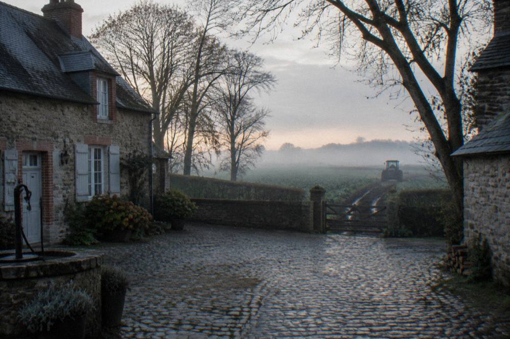 Normandy hedgerow country with a stone farmhouse behind trees
