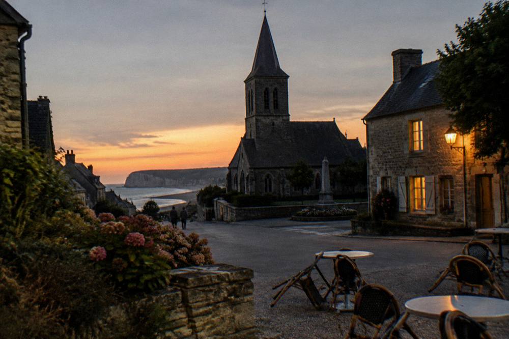 Stone church tower above a small square in a Normandy village at dusk