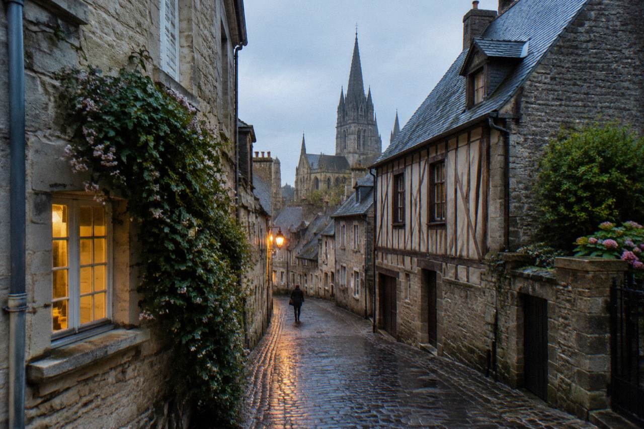 Medieval stone buildings along a narrow street in the center of Bayeux