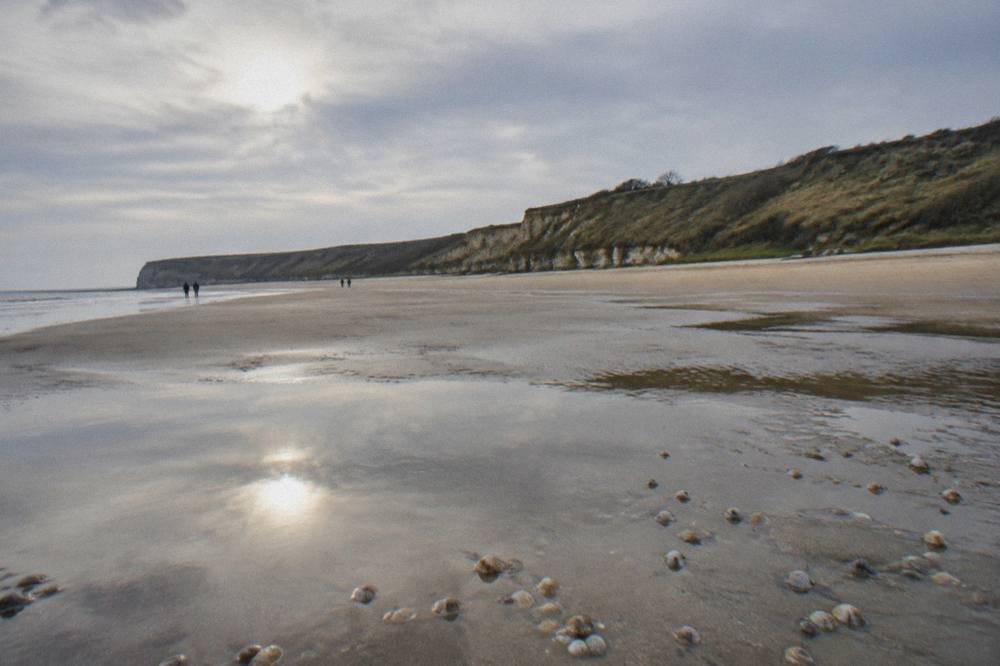 Empty golden beach at low tide stretching toward distant cliffs