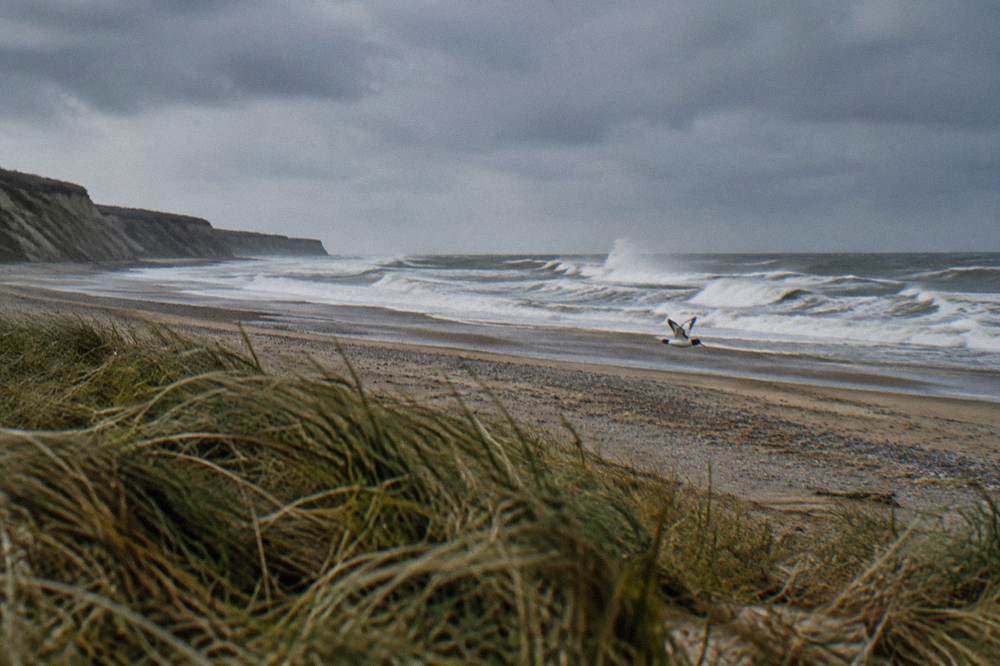 Rough winter sea breaking on a wide empty beach below dunes