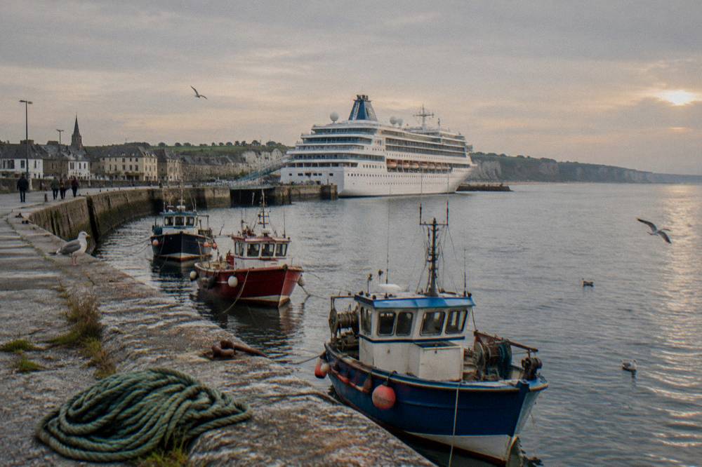 Passenger cruise ship docked at a sea wall with a port town behind it