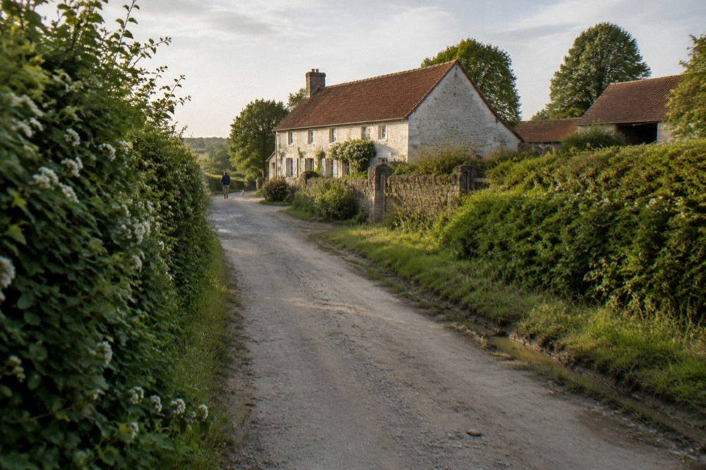 Quiet country road between Normandy towns with hedgerows and stone farmhouse