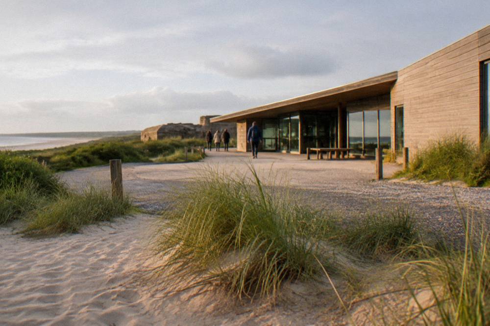 Wide sandy stretch of Utah Beach with dune grass and a low tide line
