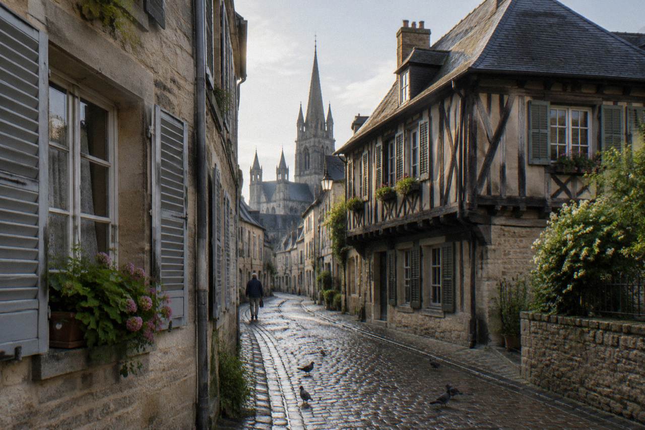 Stone buildings and a narrow street in the center of Bayeux a short walk from the tour meeting square