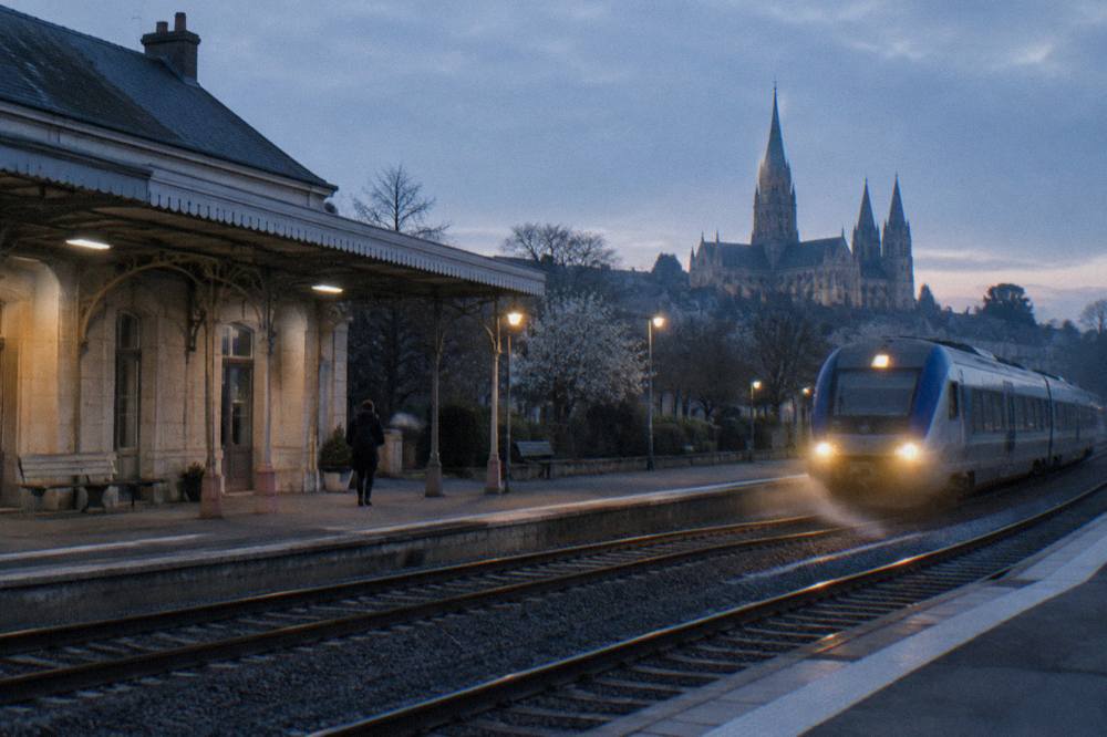 A high speed train pulling away from a station platform