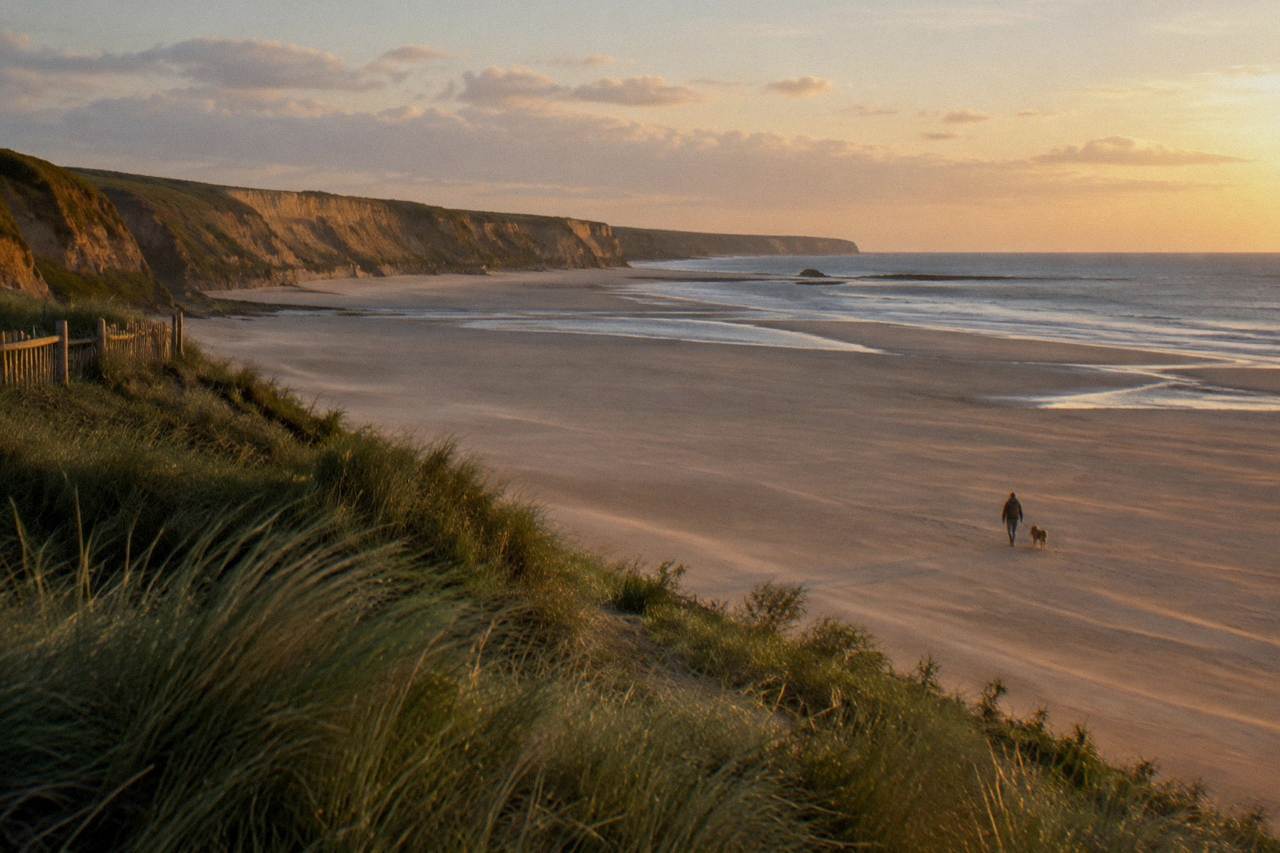 Wide view of a sandy Normandy landing beach at low tide with grassy dunes and a calm gray sea