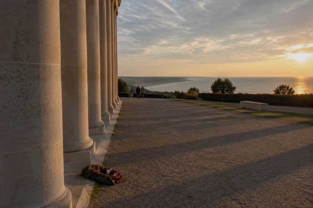 Stone columns of the British Normandy Memorial above the sea at Ver-sur-Mer