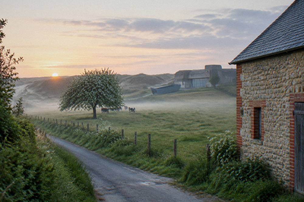 Quiet country road behind the dunes near Utah Beach with farmland on either side