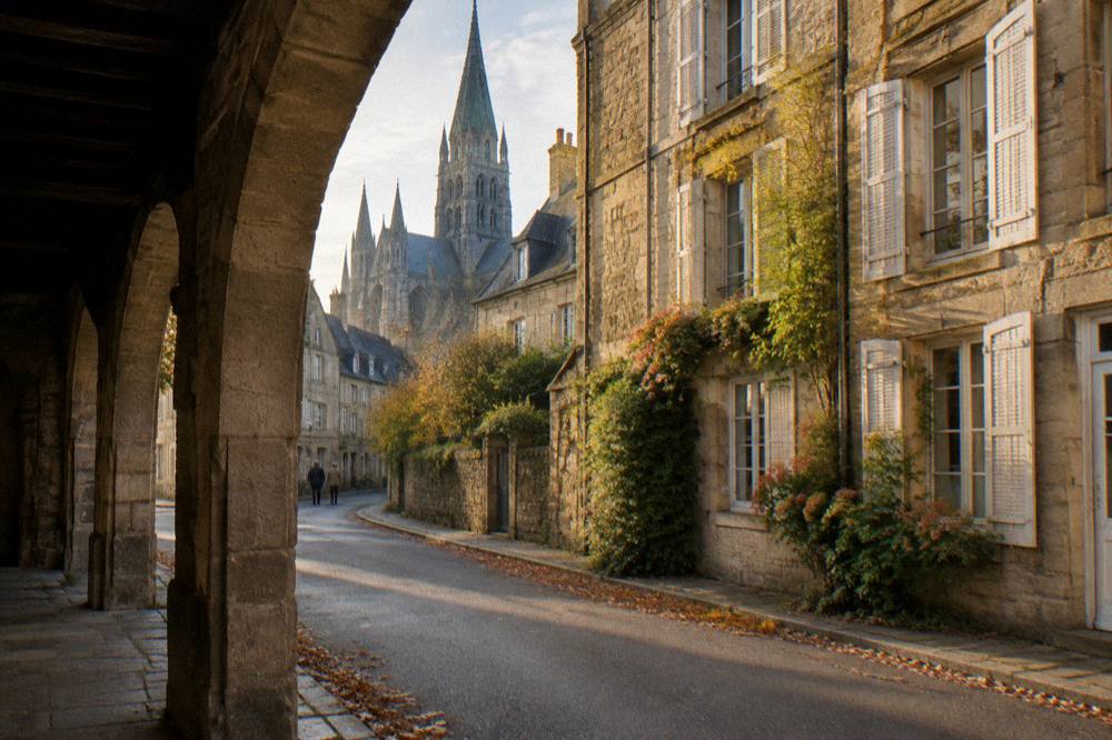 Warmed stone buildings along a narrow street in central Bayeux