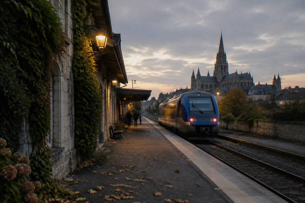 A stone railway station platform with a small regional train at dusk in a Norman town