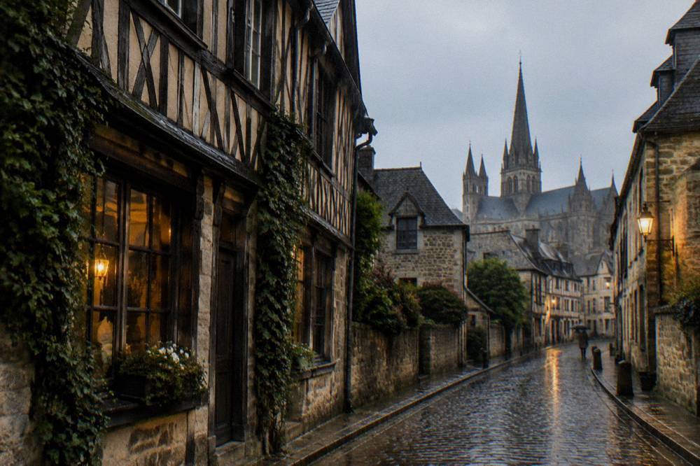 A narrow medieval street with half-timbered houses in a small Norman town