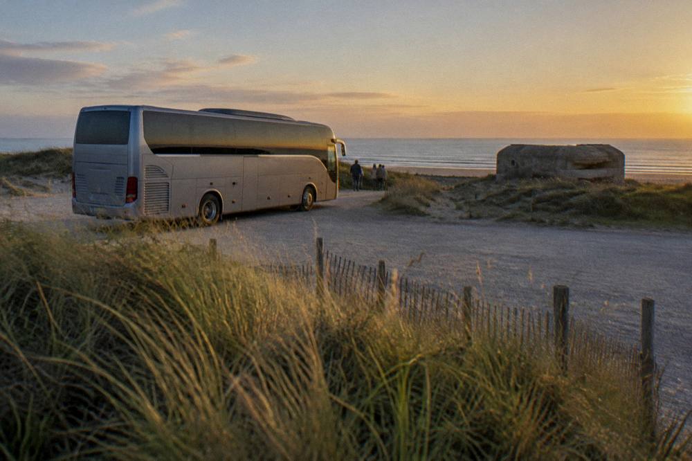 A coach parked beside a wide sandy beach with wartime monuments in the distance