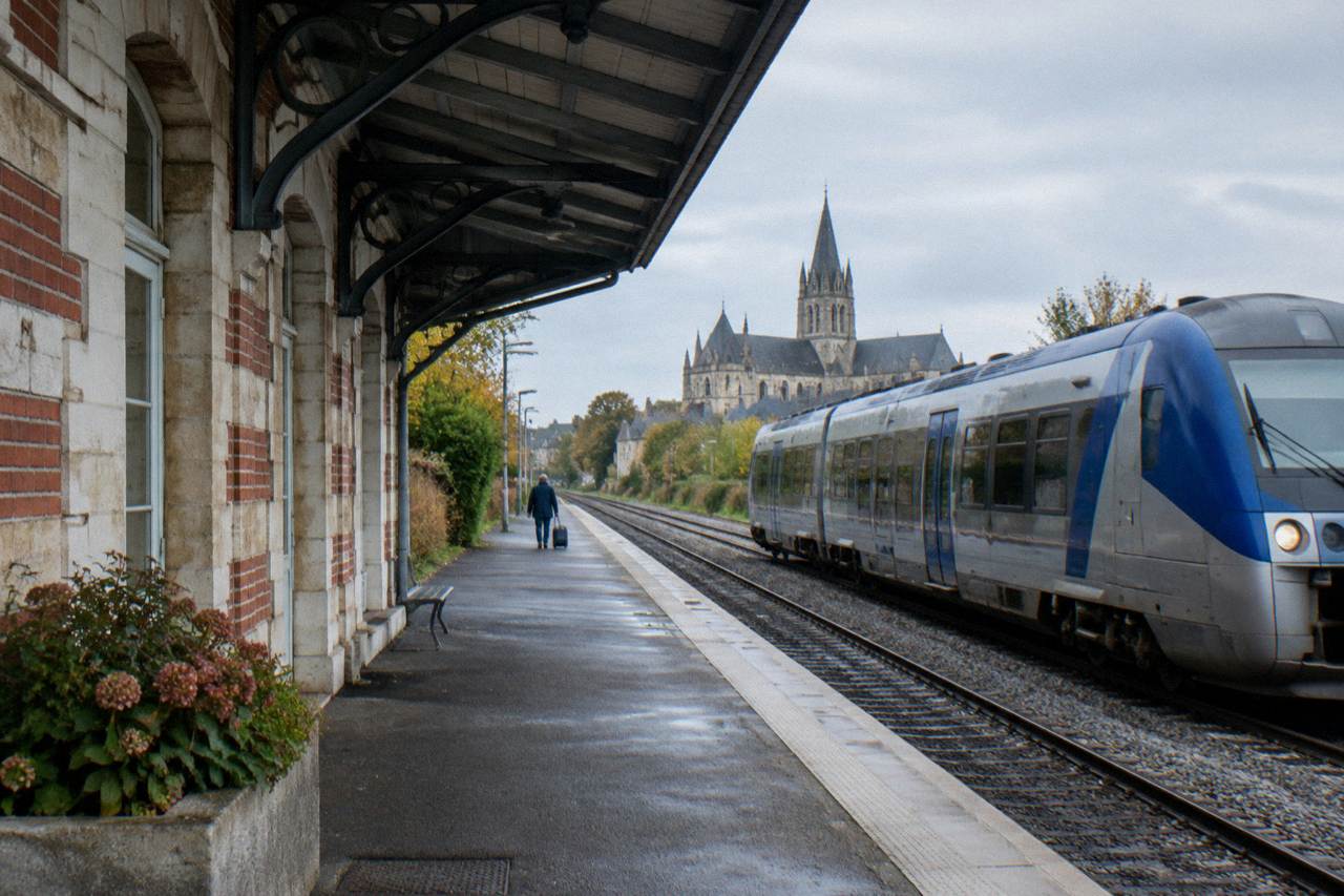 A regional train standing at a station platform in rural Normandy countryside