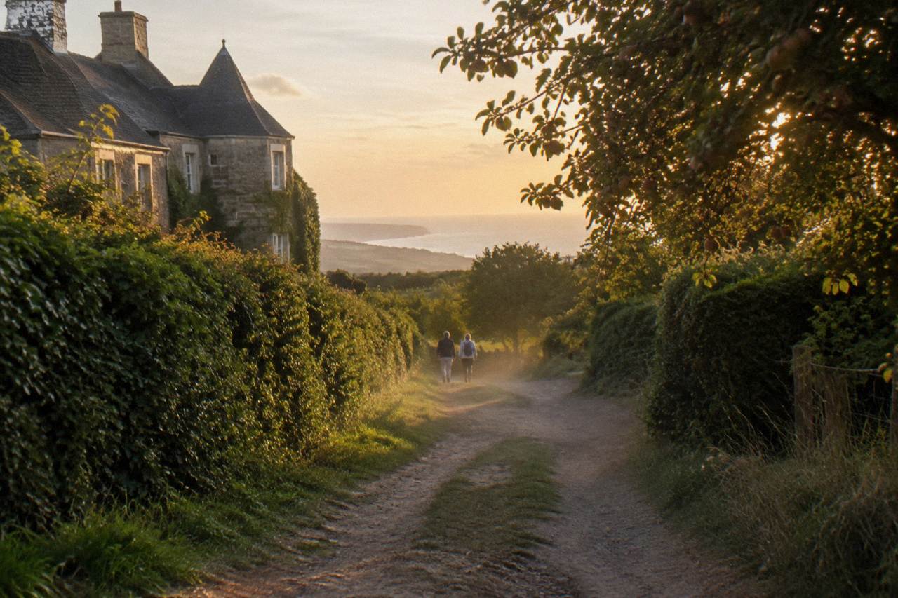 A quiet country road winding past hedgerows toward the Normandy coast