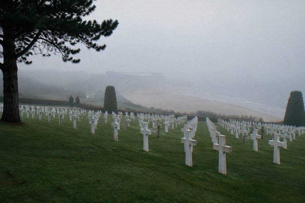 Rows of white crosses at the Normandy American Cemetery above Omaha Beach