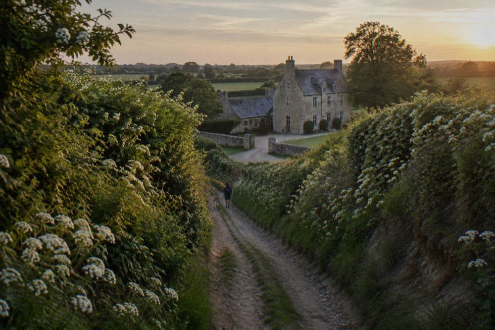 Narrow country road lined with hedges in flat Normandy farmland