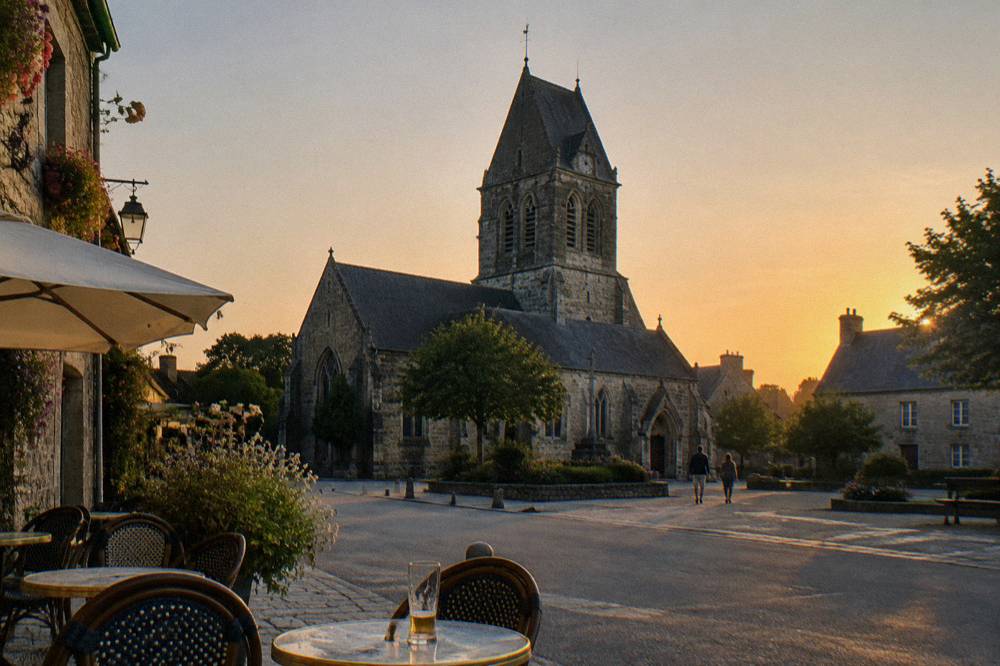 Stone church and town square of Sainte-Mere-Eglise under a clear sky